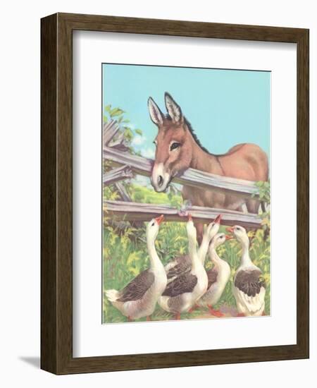 Burro Talking to Geese-null-Framed Art Print