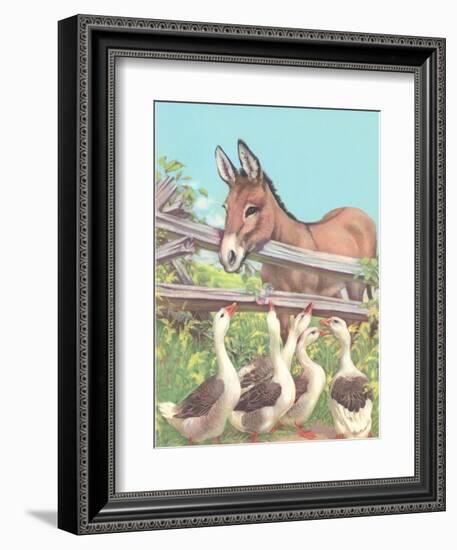 Burro Talking to Geese-null-Framed Art Print