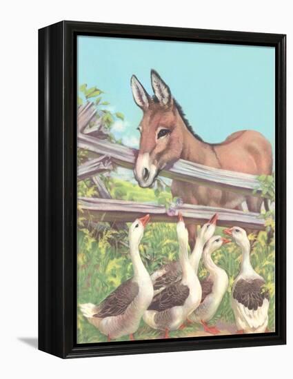 Burro Talking to Geese-null-Framed Stretched Canvas