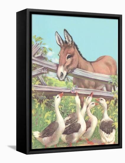 Burro Talking to Geese-null-Framed Stretched Canvas