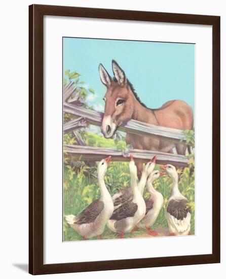 Burro Talking to Geese-null-Framed Art Print