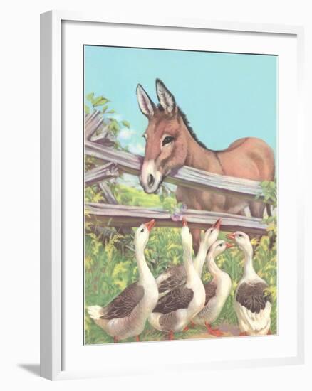 Burro Talking to Geese-null-Framed Art Print