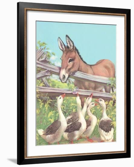 Burro Talking to Geese-null-Framed Art Print