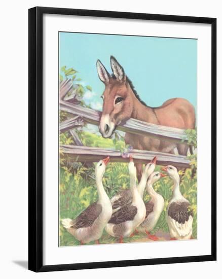 Burro Talking to Geese-null-Framed Art Print