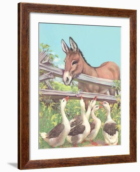 Burro Talking to Geese-null-Framed Art Print