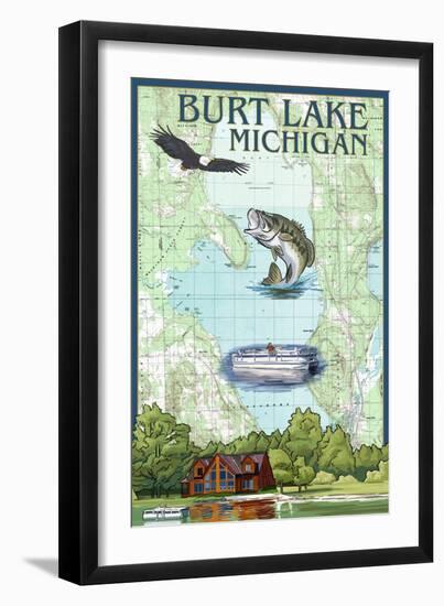 Burt Lake, Michigan - Nautical Chart-Lantern Press-Framed Art Print