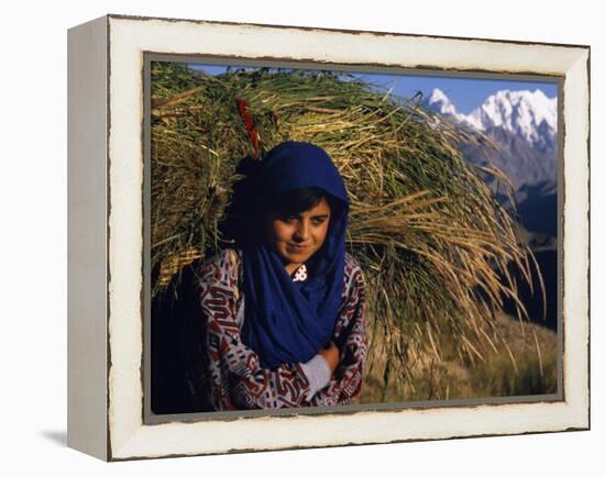 Burusho Girl Returns Home with Fodder for Her Livestock in the Hunza Valley-Amar Grover-Framed Premier Image Canvas