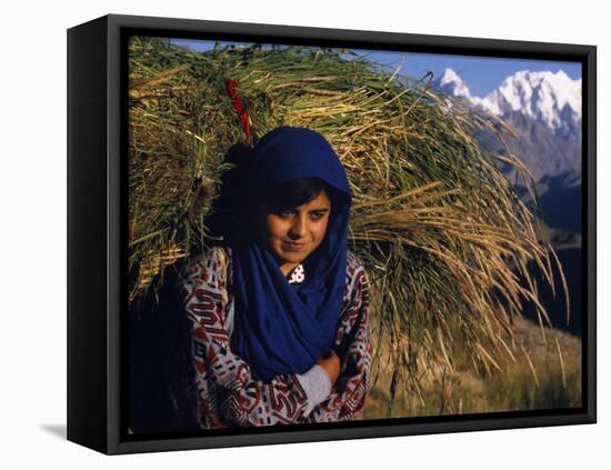 Burusho Girl Returns Home with Fodder for Her Livestock in the Hunza Valley-Amar Grover-Framed Premier Image Canvas