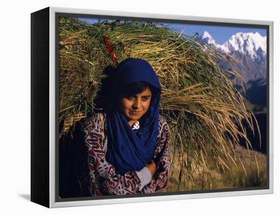 Burusho Girl Returns Home with Fodder for Her Livestock in the Hunza Valley-Amar Grover-Framed Premier Image Canvas