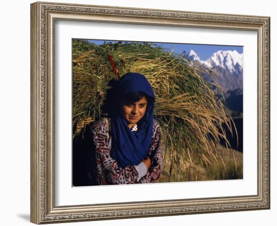 Burusho Girl Returns Home with Fodder for Her Livestock in the Hunza Valley-Amar Grover-Framed Photographic Print