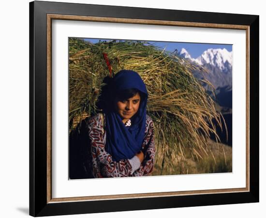 Burusho Girl Returns Home with Fodder for Her Livestock in the Hunza Valley-Amar Grover-Framed Photographic Print