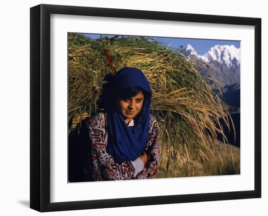 Burusho Girl Returns Home with Fodder for Her Livestock in the Hunza Valley-Amar Grover-Framed Photographic Print