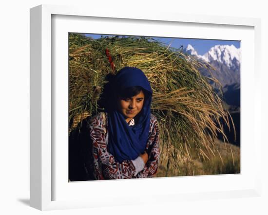 Burusho Girl Returns Home with Fodder for Her Livestock in the Hunza Valley-Amar Grover-Framed Photographic Print