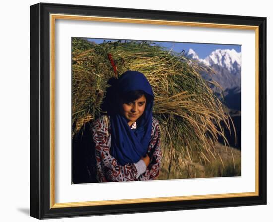 Burusho Girl Returns Home with Fodder for Her Livestock in the Hunza Valley-Amar Grover-Framed Photographic Print