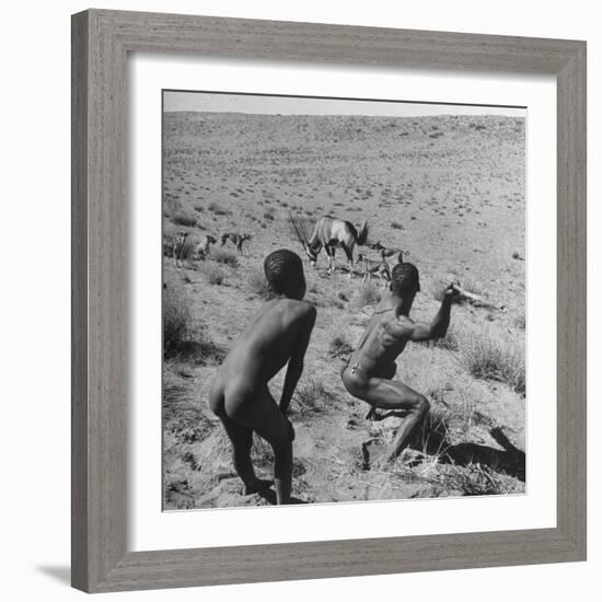 Bushman Throwing His Spear at a Winded Gemsbok-Nat Farbman-Framed Photographic Print