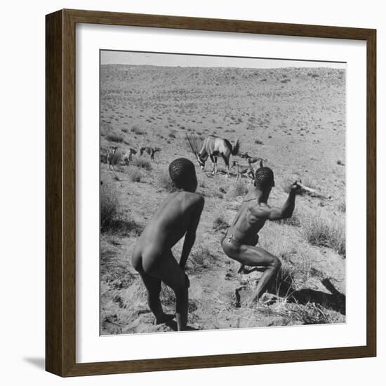 Bushman Throwing His Spear at a Winded Gemsbok-Nat Farbman-Framed Photographic Print