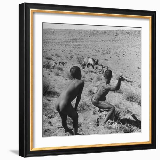 Bushman Throwing His Spear at a Winded Gemsbok-Nat Farbman-Framed Photographic Print