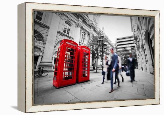 Business Life Concept in London, the Uk. Red Phone Booth, People in Suits Walking-Michal Bednarek-Framed Premier Image Canvas