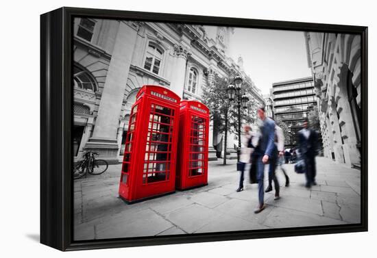 Business Life Concept in London, the Uk. Red Phone Booth, People in Suits Walking-Michal Bednarek-Framed Premier Image Canvas