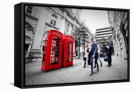 Business Life Concept in London, the Uk. Red Phone Booth, People in Suits Walking-Michal Bednarek-Framed Premier Image Canvas