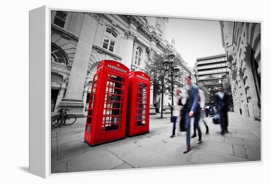 Business Life Concept in London, the Uk. Red Phone Booth, People in Suits Walking-Michal Bednarek-Framed Premier Image Canvas