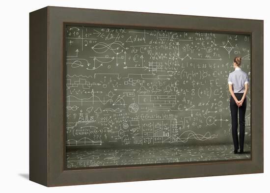 Business Person Standing Against the Blackboard with a Lot of Data-Sergey Nivens-Framed Premier Image Canvas