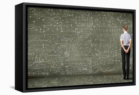 Business Person Standing Against the Blackboard with a Lot of Data-Sergey Nivens-Framed Premier Image Canvas