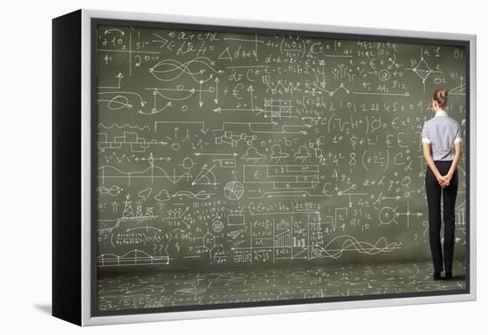 Business Person Standing Against the Blackboard with a Lot of Data-Sergey Nivens-Framed Premier Image Canvas
