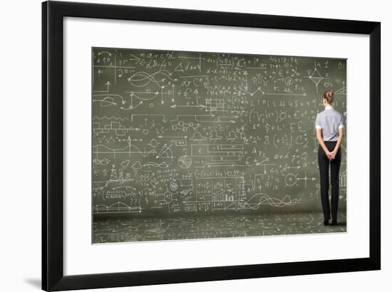 Business Person Standing Against the Blackboard with a Lot of Data-Sergey Nivens-Framed Photographic Print