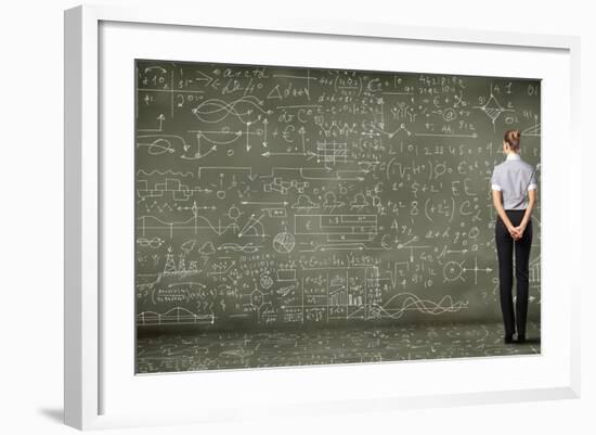 Business Person Standing Against the Blackboard with a Lot of Data-Sergey Nivens-Framed Photographic Print