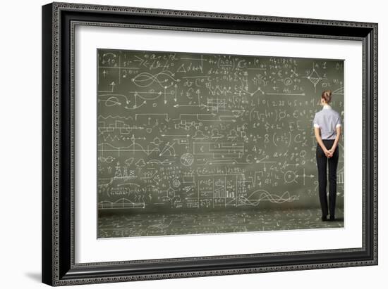 Business Person Standing Against the Blackboard with a Lot of Data-Sergey Nivens-Framed Photographic Print