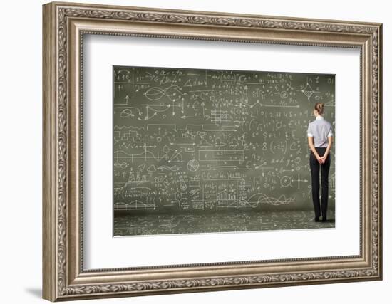 Business Person Standing Against the Blackboard with a Lot of Data-Sergey Nivens-Framed Photographic Print