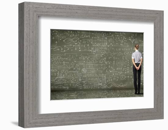 Business Person Standing Against the Blackboard with a Lot of Data-Sergey Nivens-Framed Photographic Print