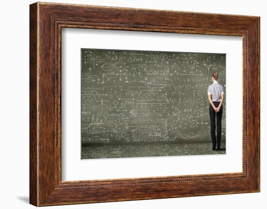 Business Person Standing Against the Blackboard with a Lot of Data-Sergey Nivens-Framed Photographic Print