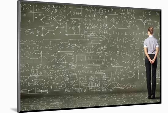 Business Person Standing Against the Blackboard with a Lot of Data-Sergey Nivens-Mounted Photographic Print