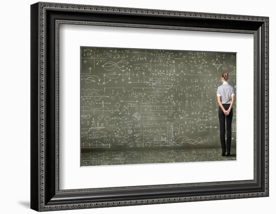 Business Person Standing Against the Blackboard with a Lot of Data-Sergey Nivens-Framed Photographic Print