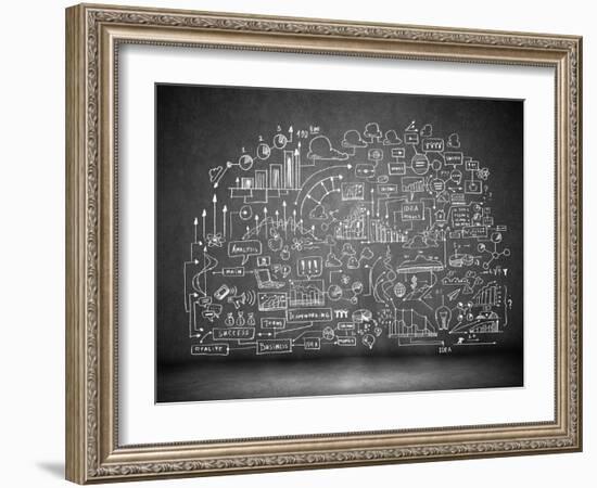 Business Sketch Ideas Against Dark Wall Background-Sergey Nivens-Framed Art Print