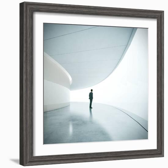 Businessman in Front of Wide White Screen-SFIO CRACHO-Framed Photographic Print