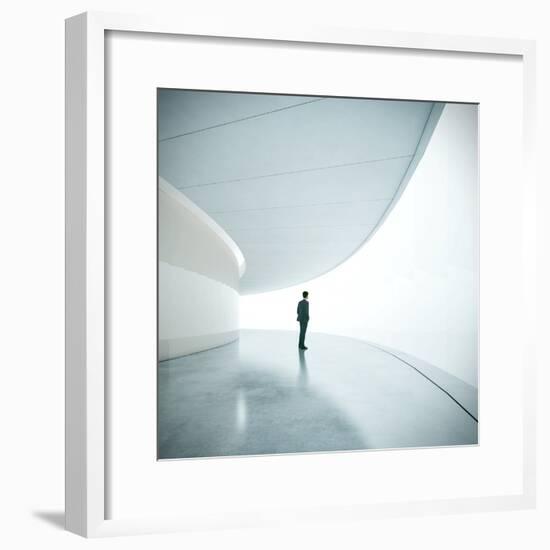 Businessman in Front of Wide White Screen-SFIO CRACHO-Framed Photographic Print