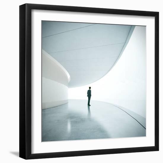 Businessman in Front of Wide White Screen-SFIO CRACHO-Framed Photographic Print