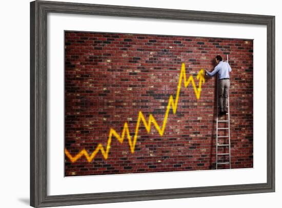 Businessman Standing on a Ladder and Drawing a Graph with Positive Trend in Graffiti Style Yellow S-Flynt-Framed Photographic Print