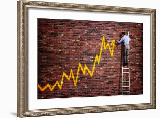 Businessman Standing on a Ladder and Drawing a Graph with Positive Trend in Graffiti Style Yellow S-Flynt-Framed Photographic Print