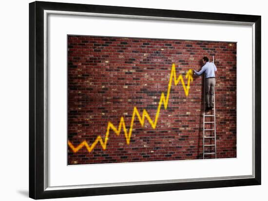 Businessman Standing on a Ladder and Drawing a Graph with Positive Trend in Graffiti Style Yellow S-Flynt-Framed Photographic Print