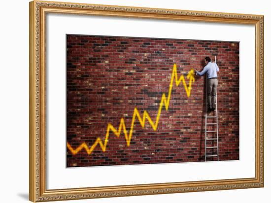 Businessman Standing on a Ladder and Drawing a Graph with Positive Trend in Graffiti Style Yellow S-Flynt-Framed Photographic Print