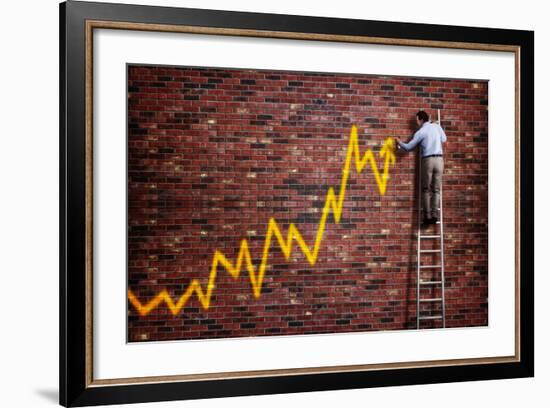 Businessman Standing on a Ladder and Drawing a Graph with Positive Trend in Graffiti Style Yellow S-Flynt-Framed Photographic Print