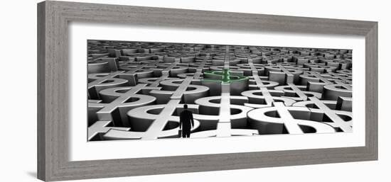 Businessman Walking on Landscape of Infinite Dollar Signs-null-Framed Photographic Print