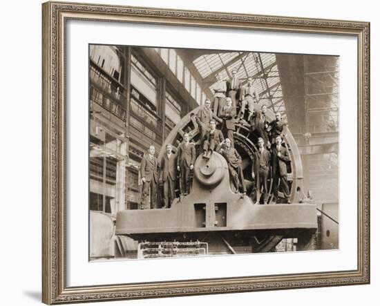 Businessmen Pose on a Giant Westinghouse Electrical Generator, 1918-null-Framed Photo