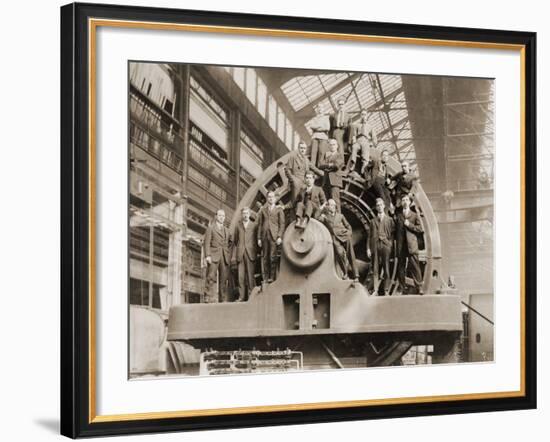 Businessmen Pose on a Giant Westinghouse Electrical Generator, 1918-null-Framed Photo