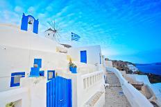View of a Blue Dome of the Church St. Spirou in Firostefani on the Island of Santorini Greece, at S-buso23-Photographic Print