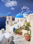 View of a Blue Dome of the Church St. Spirou in Firostefani on the Island of Santorini Greece, at S-buso23-Photographic Print